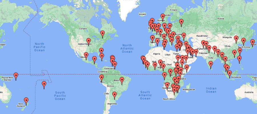 map showing markers of mph student locations